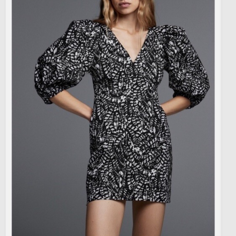 Zara "The Kacy" Printed Mini Dress Puff Sleeve Black White